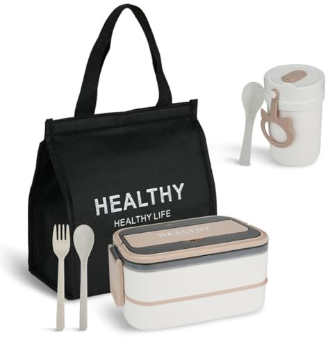 Mulaibdin Boite Repas Compartiment, Bento Lunch Box Enfant & Adulte, avec Couverts et Sac Isothermes, Micro-ondable, sans BPA (1400ml)