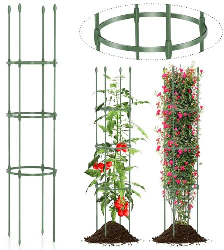 RELAX4LIFE Tomaten Rankhilfe 2er Set, 143cm hoch, 3 verstellbare Ringe, Tomatenkäfig Pflanzenstütze Metall & Kunststoff, Rankgitter für Kletterpflanzen Tomaten Blumen Gemüse (143cm hoch-2 Pack)