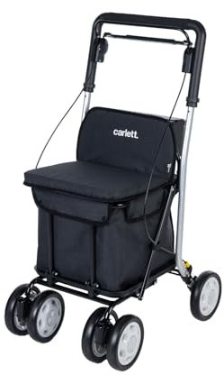 Carlett - Supermarkt-Einkaufswagen - Medizinisch geprüft - Sitz mit integrierter Rückenlehne - 4 Räder mit 3 Positionen - Kapazität 15 kg - Abnehmbare Tasche 29L - Farbe Schwarz