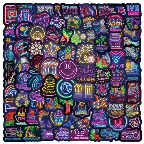 Ptyism 200 Pièces Stickers Neon，Autocollant étanche丨Stikers Waterproof，Autocollants en Vinyle Waterproof Gommettes Pour les Ordinateur portable, album, guitare, bouteille d'eau, téléphone portable etc