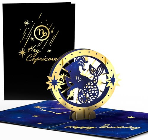 Lovepop® Carte d'anniversaire pop-up 3D avec signe du zodiaque Capricorne - Effets dorés de qualité supérieure - Compartiment pour argent et bons d'achat - Enveloppe de qualité supérieure