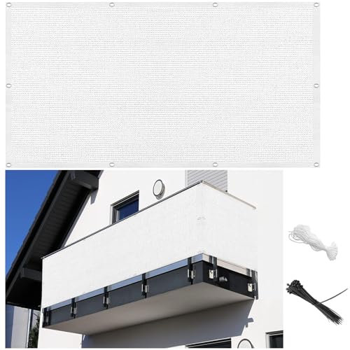 Pantalla Privacidad Balcón 90 x 180 cm Privacidad, Transpirable, Prueba de Viento Malla Balcones y Vayas con Ataduras de Cables y Cuerda, para Jardín, Balcón, Blanco