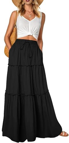 QIXING Boho damkjolar hög midja blommig maxi sommarkjolar trendiga blommiga söta långa kjolar med fickor, A12 Svart, M
