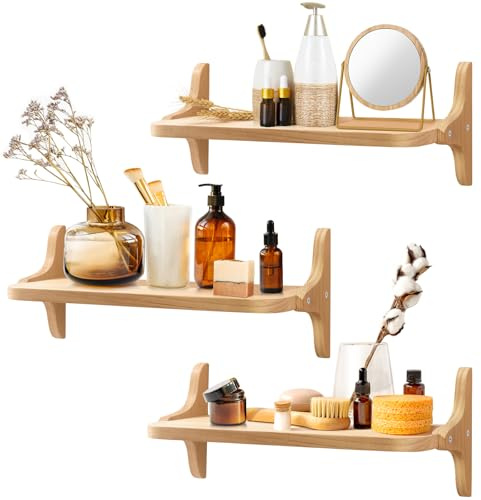omedecal Wooden Floating Shelves for Wall Decor, 15.7 Inch Rustic Farmhouse Wall Shelves for Bedroom Kitchen Living Room, Deep Floating Book Shelves with Brackets, Set of 3, Natural