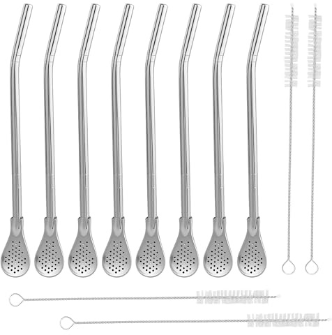 8 Pezzi Cannucce di Paglia da tè Staccabili, Cannucce in Acciaio Inox con Cucchiaio Filtrante, Riutilizzabili per tè Sciolti, Caffè, Bevande, con 4 Spazzole per La Pulizia