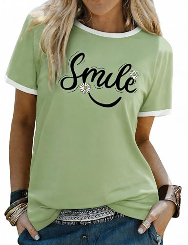 Aottori Camisetas Mujer Manga Corta Top Verano con Estampado Sonrisa Flor Margarita Cuello Redondo Blusa Casual Suelta Básica Verde Claro M