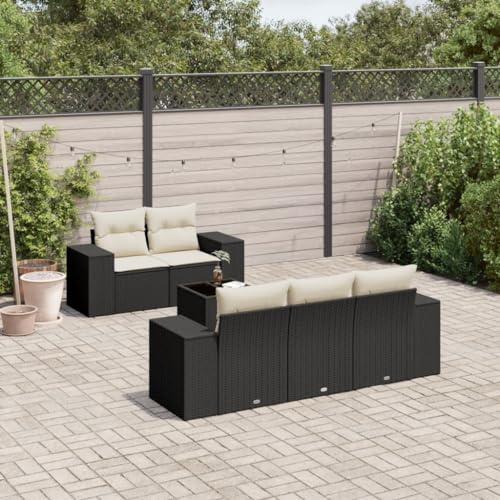Frdhee Muebles de jardín, muebles de salón exterior, muebles de terraza, jardín, 6 piezas, conjunto de sofá de jardín con cojines de ratán negro de polirratán, grupo de asientos para balcón, patio