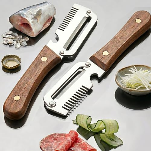 Mejorado Pelador Multifuncional acero inoxidable 5 en 1, Cuchillo Pelador Verduras con Mango de Madera Ergonómico para Pelar Rápido, Corte en Juliana y Abridor de Botellas Integrado (2)