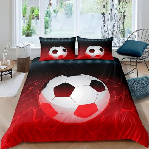 BJCJGGL Påslakanset i super king size, röda fotbollssängkläder för barn – påslakan med dragkedja och 2 örngott 50 cm x 75 cm – allergivänligt mikrofiberöverdrag 259 cm x 220 cm