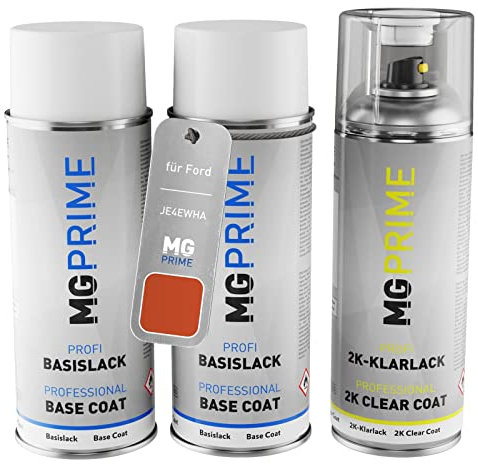 MG PRIME Autolack 2K Spraydosen Set für Ford JE4EWHA / PN4FV0 Orange Glow Pearl Metallic/Hokkaido-Orange Metallic Grundlack Basislack 2 Komponenten Klarlack Sprühdose