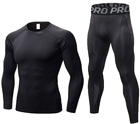 LANBAOSI Men's Gym Running Base Layer Top and Leggings Set Long Sleeve Compression Shirt Tights Thermal Underwear Suit, Black Line, M