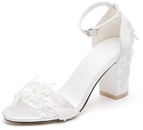 Women's Bridal Shoes Open Toe Comfortable Mid Block Heel Lace Satin Ankle Strap Wedding Dress Pump Sandals