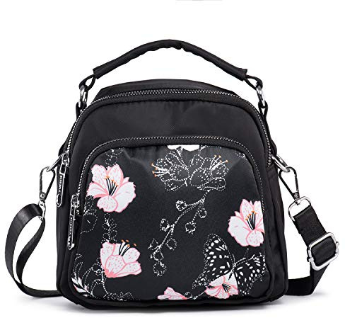 LaRechor Damen Umhängetasche Klein | Nylon Handtasche mit Blumen | 20x19x9 cm Crossbody Bag Damen Tasche mit Vielen Fächern & Griff Leichte Alltagstasche