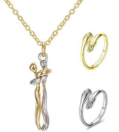 Abreli Collier Couple Câlin Affectueux Collier & Bague de Câlin Chaîne en Acier Inoxydable pour Elle Et Lui Collier D'amitié Cadeaux Saint Valentin pour Hommes Et Femmes