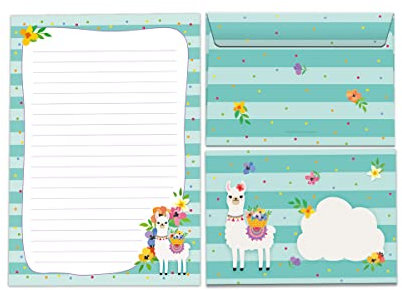 JuNa-Expe​​rten Briefpapier-Set Lama für Mädchen – Liniertes A5 Briefblock mit 25 Blättern + 15 Umschläge, Süßes Lama-Design für kreative Schreibprojekte und Einladungen