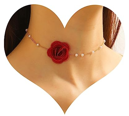 Bethynas Vintage Flower Choker Necklace with Baroque Pearl Handmade Rose Floral Sexy Plated Collar Neck Chain Bridal Party Neck Jewelry for Women (Red)