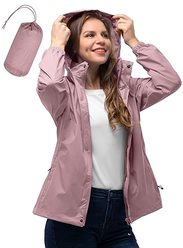 33,000ft Women's Lightweight Rain Jackets Hooded Breathable Packable Running Raincoats Active Trench Windbreaker with Hideaway Hood for Cycling Hiking (Dried Rose-S/UK 10)