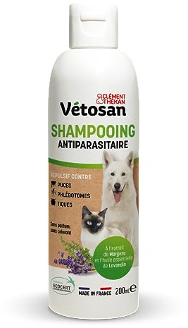Clément Thékan - Vétosan Shampooing Antiparasitaire pour Chiens et Chats - À Base d’extrait de Margosa et d'huile Essentielle de lavandin - 200 ML