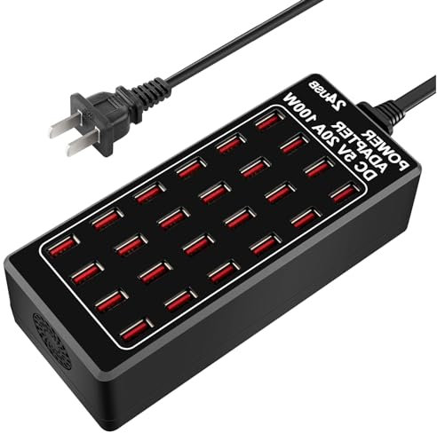 24-Port 100 watt (20 A) USB Charging Station, Travel Desktop USB Rapid Charger, Multi Ports Fast Charger Station Organizer Compatible with Smartphones, Tables, and More Devices