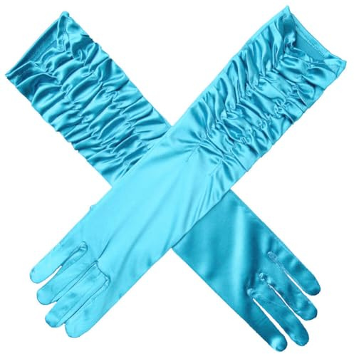 Surakey Gant de Soirée Femme Gants Plissés en Satin Gants de Mariée Vintage Gant Long Satin Année 1920 Style Gant Classique pour Mariage Soirée Opéra Banquet Fête 38cm Bleu Clair