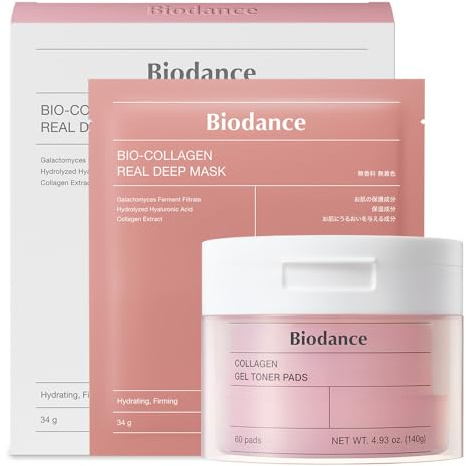 BIODANCE Collagen Day & Night Gel Duo: Bio-Collagen Mask & Toner Pads Set, Korean Skincare Set, Pink Duo for Firming, Plumping, Hydrating, Glass Skin, Korean Skin Care, Valentines Day Gifts for Her