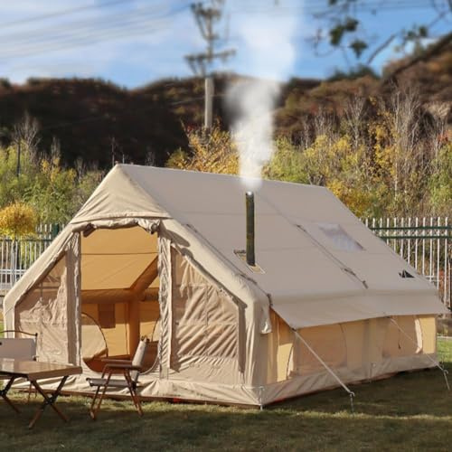 TentHome Inflatable Tent with Pump, Family Tent for 4-6 Persons with Stove Jack Hole, 4 Season Waterproof Large Air Pop-Up Tents (Beige_Large (Cotton fabric), 13'Lx9.8'Wx6.88'H (400 x 300 x 210 cm))
