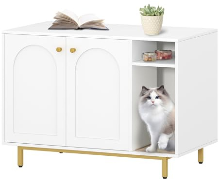 Hzuaneri Armario para Gatos, Mueble Arenero Gatos, Caja de Arena, Mueble Arenero, Casa para Gato con Puerta y Divisor Separado, 100 x 50 x 72 cm, Piernas Altas, Blanco y Oro CB86903A