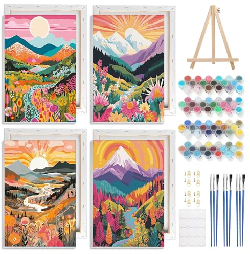 NAIMOER 4 Pack Framed Paint by Numbers Landscape for Adults Kids, DIY Sunset Mountain Painting by Numbers with Frame Wooden Holder, Painting Art on Canvas Gifts Home Wall Decor 8X12in