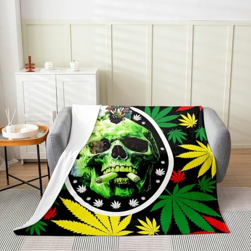 Gothic Skull Flannel Blanket,Cannabis Leaf Marijuana Weed Throw Blanket,Trippy Skeleton Halloween Theme Cozy Throws for Bed Couch Sofa,Green Black Soft and Breathable,Queen Size (90 x 90 Inches)