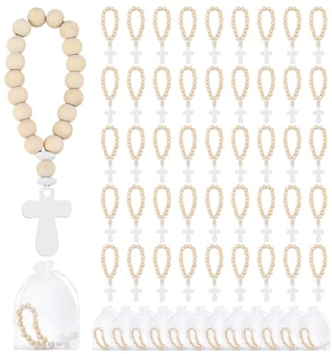 PH PandaHall 40pz Rosario in Legno Rosari con Ciondolo Croce Bianca con Sacchetti Organza Regalo Bianco per Preghiera meditazione Matrimonio Bomboniere Battesimo