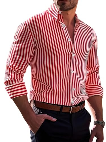 Oanviso Herren Hemd Streifen Langarm Regular Fit Businesshemd Hochzeit Anzughemd Stretch Einfarbig Freizeithemd Elastisches Männer Business Shirt Casual Hemden A Rot XL