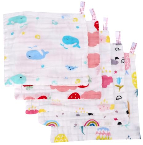 DECOMELODY 5 piezas Toallas Infantiles de Algodón con Absorción Rápida y Diseño Divertido para Niña Paños de Lavado Suaves y Transpirables para Cara y Manos de Pequeños