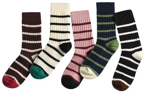BelleFlair 5 paia di calzini colorati da donna 39-42, calzini sportivi in cotone a righe in stile retrò, calzini lunghi e comodi per l'uso quotidiano e attività sportive.