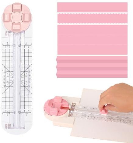 4 in 1 Paper Cutter, Paper Cutter, Portable P Apier Cutter with Straight, Wave Ribbed Dial, Multifunctional Rotary Paper Cutter, for Craft Paper, Postcard, Scrapbook, Pink