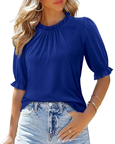 KISSMODA Mock Neck Blouses for Ladies Puff Short Sleeve Boho Shirts Pleated Basic Summer Tunic Tops Elegant Flowy Outfits