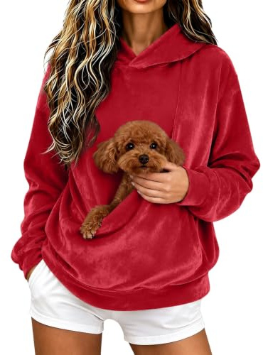 Sweat a Capuche Femme Poche Kangourou Chat Et Chien Transport Couleur Unie | Pull De Transport Chat Et Chien Doux Épaules Tombantes Et Confortable Velours Lustré Et Confortable Tops