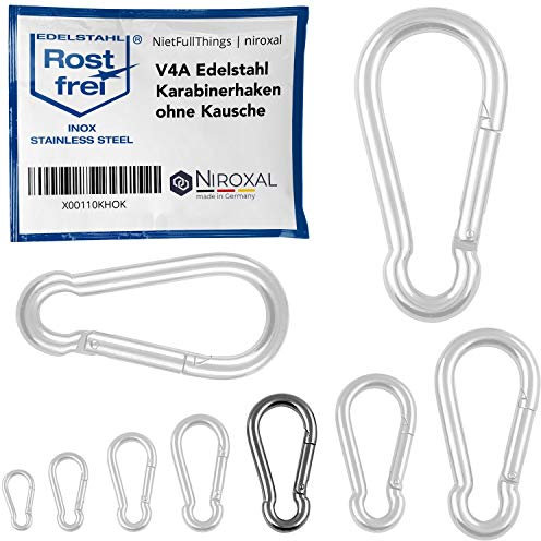 2 unidades 7-mm Mosquetón de acero inoxidable tipo gancho sin el guardacabo de V4A forma robusta sin ojo carga de ruptura 1370 kg ganchos de presión mosquetón para uso de bomberos 316 7x70-mm