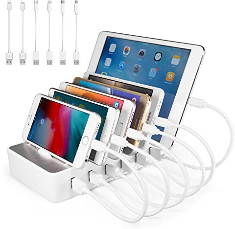 Handy USB Ladestation TechDot Ladestation Mehrere Geräte 6 Port USB Multi für Handys Smartphones Tablets (mit 6 Kurze Kabel, Weiß)