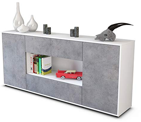 Stil.Zeit Sideboard Filomena, Korpus Weiss matt, Front Industrie-Design Beton (180x79x35cm) Push-to-Open Technik & Leichtlaufschienen