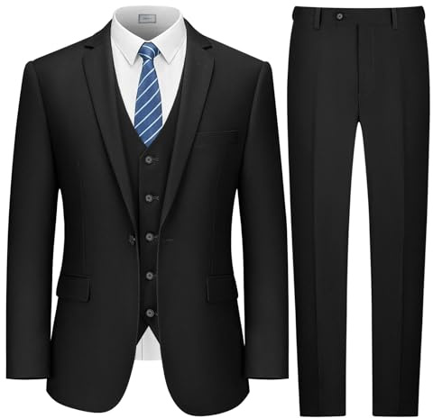 LUPURTY Costume 3 pièces pour Homme, Coupe ajustée, Veste Unie, Gilet et Pantalon avec Cravate, Ensemble de Smoking à Un Bouton, Noir, Taille L