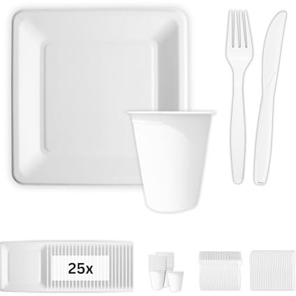 Linario Vaisselle de barbecue jetable et couverts réutilisables, sans plastique, respectueux de l'environnement et compostables, 25 couteaux, fourchettes, assiettes carrées et gobelets.