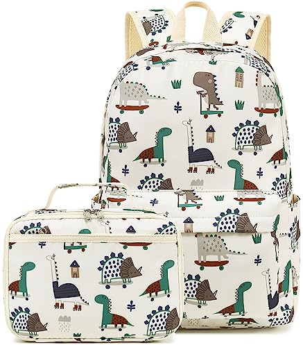 Kids School Backpack with Lunch Box for Boy Kindergarten BookBag School Bag Preschool Kindergarten Toddler Backpack (Dinosaur Beige)