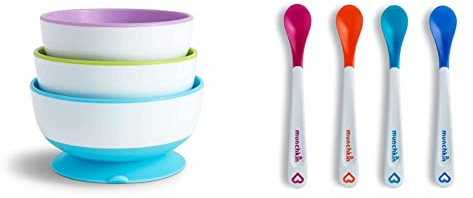Munchkin Stay Put Baby Suction Bowl Set - Baby Bowls for Weaning & Toddler Feeding, Suction Dish Pack with White Hot Spoons & Colour Changing Heat Alert