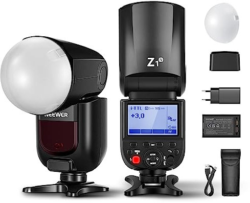 NEEWER Z1-N TTL Flash Speedlite de Cabeza Redonda para Nikon con Difusor Domo Magnético,76Ws 2.4G 1/8000s HSS Speedlight, 10 Nivel Lámpara LED, 2600mAh Batería, 480 Disparos a Potencia, 1.5s Reciclaje