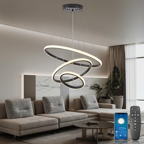 YOODI Lampadario a Sospensione per Tavolo 45W, 3 Anelli LED Lampada a Sospensione con Telecomando, Dimmerabile 3000K-6000K, Lampadario a Soffitto per Soggiorno, Camera da Letto, Hotel, Nero