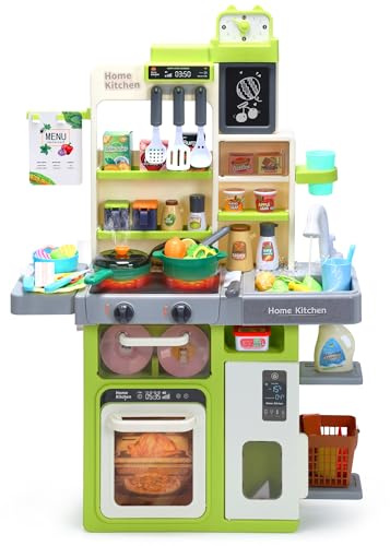 HOLYFUN Kids Kitchen Playset, Pretend Play Kitchen with Sounds and Lights, Cooking Stove Steam,Play Sink and Play Food,Toy Kitchen Set for Kids Toddlers, Green