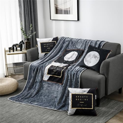 Surwin Reisedecke, Decke und Kissen in Einem, Flauschig Weiche Flanelldecke für Flugzeug, Modern Reisekissen mit Reißverschluss umwandelbar zur Decke, Viele Farben (Vollmond,150x200cm)