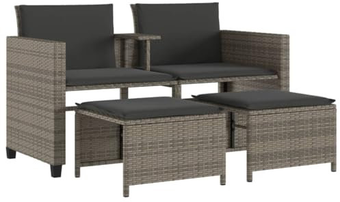 vidaXL Gartensofa, Sofa 2-Sitzer mit Tisch Hockern, Gartensessel Gartensofa UV-beständig, Gartenmöbel Sitzgruppe, Grau Poly Rattan