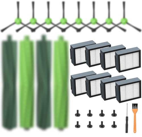 Replacement Parts for iRobot E, I & J Series, Combo i5, j5 Robot Vacuum Accessories Kit Include: 2 Set of Multi-Surface Rubber Brushes + 8 HEPA Filters + 8 Edge-Sweeping Brushes