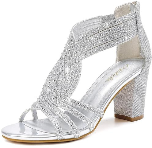 Gufobela Heels for Women Chunky Rhinestone Block Heeled Sandals Sparkly Open Toe Formal Dressy Shoes Wedding Prom Homecoming Hoco (1122 Silver 7)